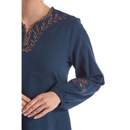 Şile Bezi Uzun Kol Petrol Mavi Nakış Detaylı V Yaka Yazlık Otantik Bluz