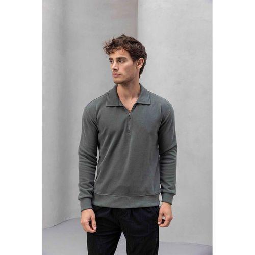 Eric Relax Fit Yarım Fermuarlı Polo Yaka Selanik Kumaş Erkek Sweatshirt - Avcı Yeşili