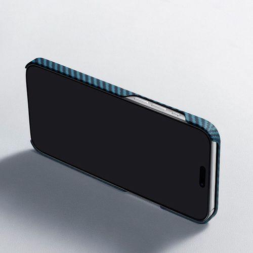 Apple iPhone 15 Pro Kılıf M-safe Şarj Özellikli 1500D Aramid Fiber Pitaka Ultra-Slim Classic Serisi Black-Blue Twill Kapak