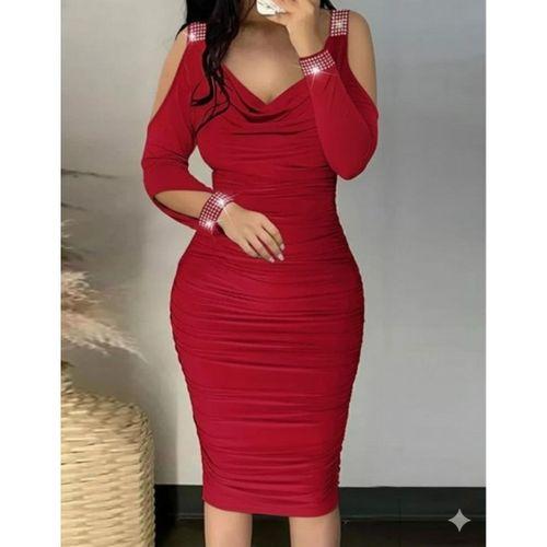 Kadın Omuzlardan Açık Uzun Kollu Taşlı Degaje Yakalı Sandy Midi Elbise