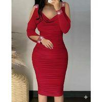 Kadın Omuzlardan Açık Uzun Kollu Taşlı Degaje Yakalı Sandy Midi Elbise