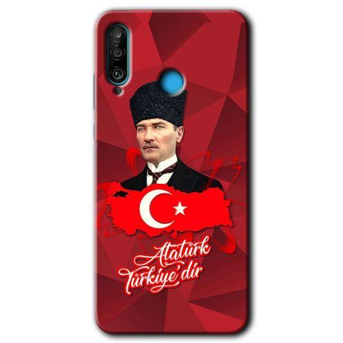 MRCİLETİSİM Huawei P30 Lite Kılıf HD Desen Baskılı Arka Kapak + Temperli Cam - Atatürkiye