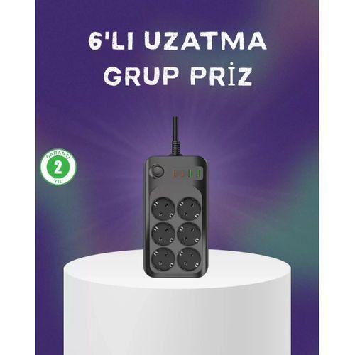 6 Prizli Çoklu Uzatma Kablosu Usb Type-c Hızlı Şarj Termal Koruma