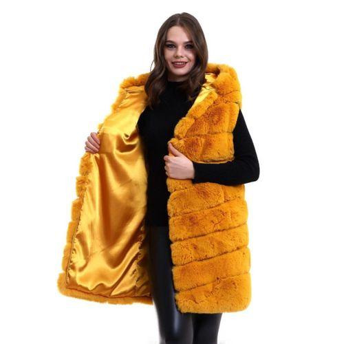 Kapşonlu Peluş Kürk Yelek Premium Kalite, Tam Astarlı, Uzun Model - Sarı