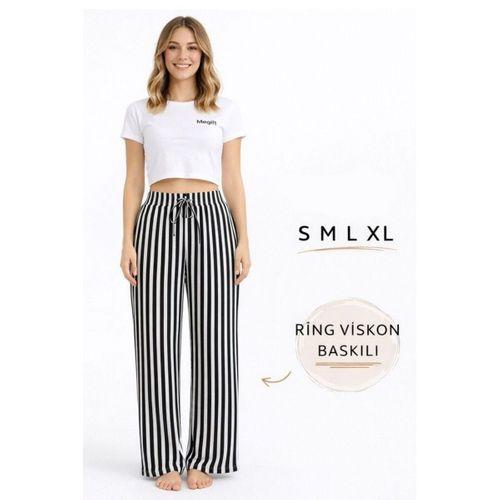 Viskon Pamuklu Kadın Siyah Çizgili Pijama Pantolon - Mg001 -