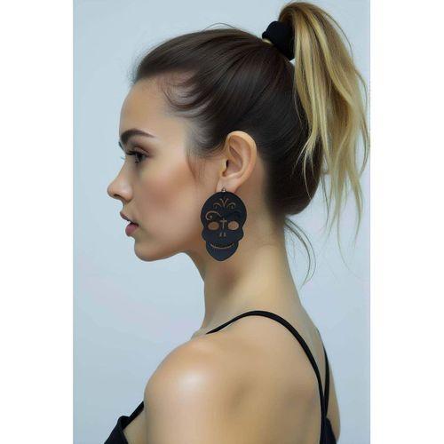 Siyah Kurukafa Gotik Küpe, Tarz Lazer Kesim Deri Küpe - APBJ014