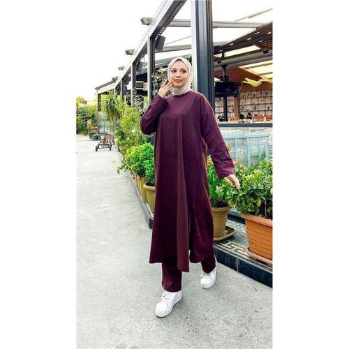 O Yaka Yırtmançlı Uzun Geniş Rahat Tunik Pantolon Sade Basic Spor Takımı - 03040.020 - Mürdüm