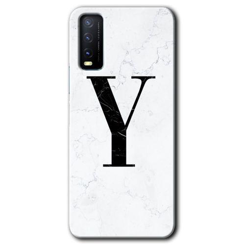 Vivo Y11s Kılıf HD Desen Baskılı Arka Kapak + Temperli Cam - Beyaz Mermer Desenli Y Harfi