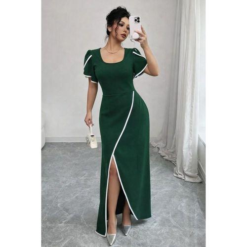 Kadın Kısa Kollu Kare Yakalı önden çapraz Kesim Detaylı Krep Elbise