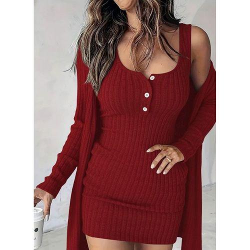 Kadın Askılı Yuvarlak Yakalı önü Düğmeli şardonlu Kaşkorse Mini Elbise Ve Kısa Ceket