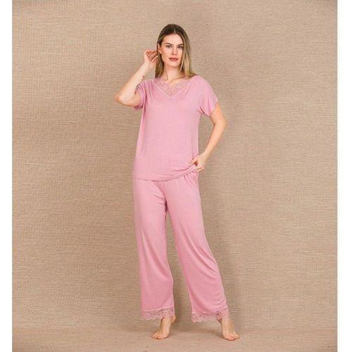 Viskon Şık Tasarım Dantel İşlemeli Pembe Kısa Kol Pijama Takımı
