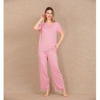 Viskon Şık Tasarım Dantel İşlemeli Pembe Kısa Kol Pijama Takımı