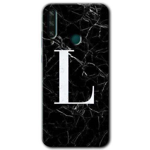 Huawei Y6P Kılıf Baskılı Kapak - Siyah Mermer Desenli L Harfi +Tam Kaplayan Mat Seramik