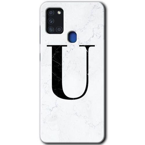 Samsung Galaxy A21s Kılıf HD Desen Baskılı Arka Kapak + Temperli Cam - Beyaz Mermer Desenli U Harfi