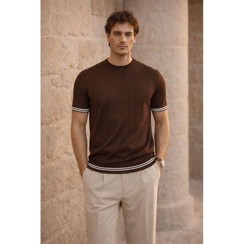 Dale Kolları Şeritli Bisiklet Yaka İnce Triko Örme Regular Fit Erkek T-Shirt - Kahve