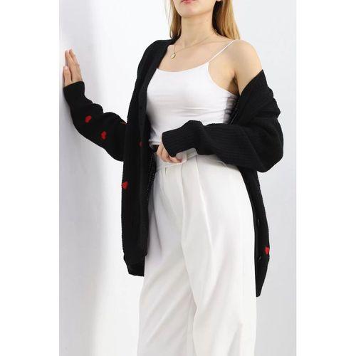 pilelistore Nakışlı Kalpli Hırka Siyahkırmızı