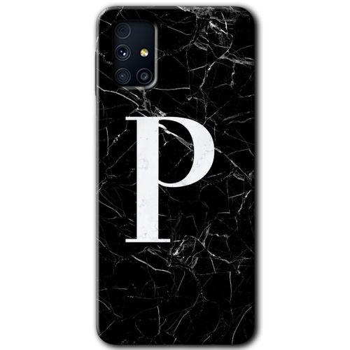 MRCİLETİSİM Samsung Galaxy M31s Kılıf Baskılı Kapak - Siyah Mermer Desenli P Harfi +Tam Ekran Koruyucu