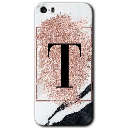 iPhone 5 Kılıf HD Desen Baskılı Arka Kapak - Pembe Mermer Desenli T Harfi