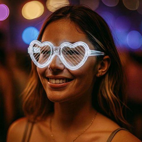 Beyaz LED Işıklı Kalp Gözlük – 3 Modlu Parti &amp;
