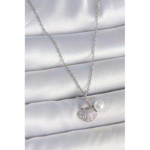 316L Çelik Gümüş Renk Zincir Zirkon Taşlı Deniz Kabuğu Model İnci Detay Kadın Kolye