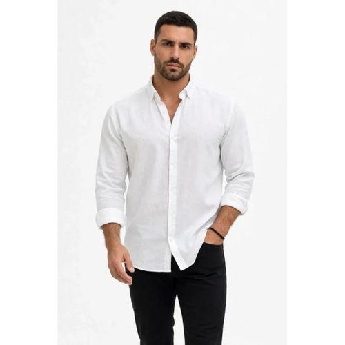 Erkek KETEN Kumaş Oversize Uzun Kollu Rahat Kalıp Gömlek - Beyaz