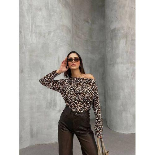 Kadın Leopar Desenli Düşük Omuzlu Bluz