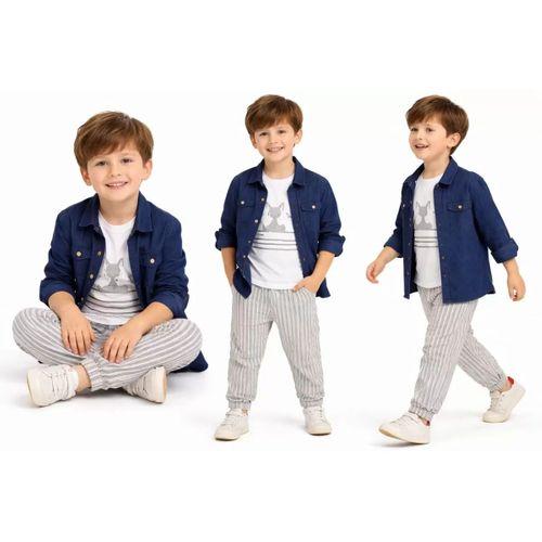 2-6 Yaş Müslin Gömlekli Tişörtlü 3lü Çocuk Takımı