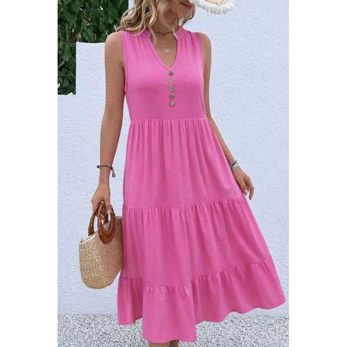 Kadın Askılı V Yakalı önden Düğmeli Midi Viskon Elbise