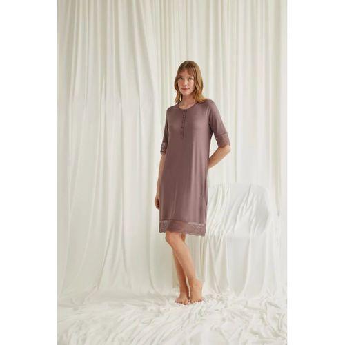 Dantel Detaylı Kısa Kollu Ve Önü Düğmeli Gecelik