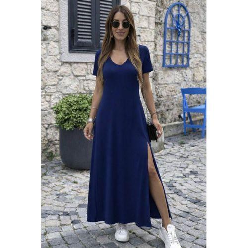 Kadın Kısa Kollu V Yakalı Maksi Boy Viskon Elbise