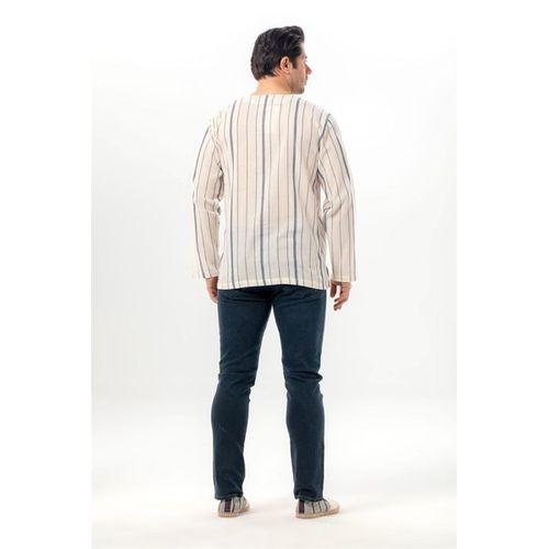 Büyük Beden Uzun Kol Şile Bezi Bisiklet Yaka Yazlık Tshirt Ekru Gri Çizgili 3028