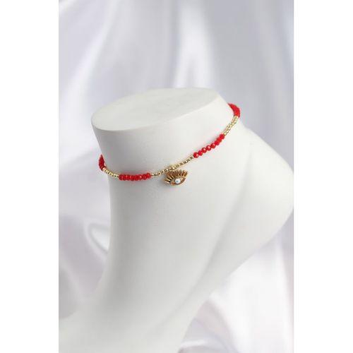 Kırmızı Renk Boncuklu Nazarlı Göz Figürlü Halhal