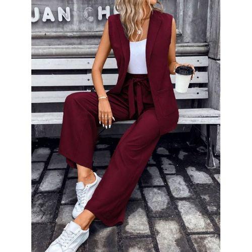 Kadın Kolsuz önü Açık Yakalı Cepli Janjan Krep Yelek Ve Pantolon Ikili Takım