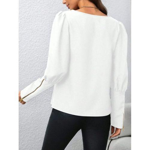 Kadın Uzun Kollu Bisiklet Yaka Fermuar Detaylı Ithal Krep Bluz