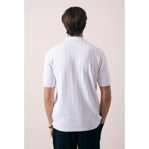 Burke Saç Örgü Yarım Fermuarlı Kısa Kollu İnce Triko Erkek T-Shirt - Ekru