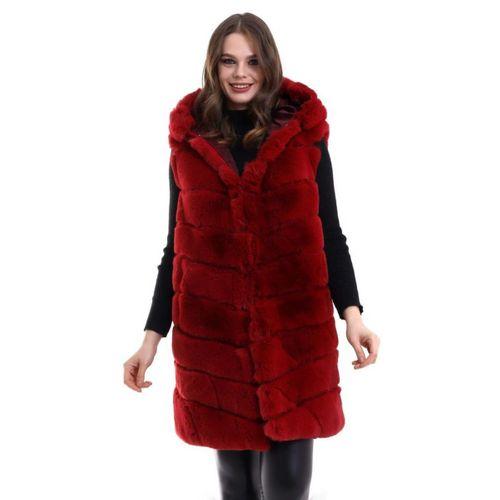 Kapşonlu Peluş Kürk Yelek Premium Kalite, Tam Astarlı, Uzun Model - Kırmızı