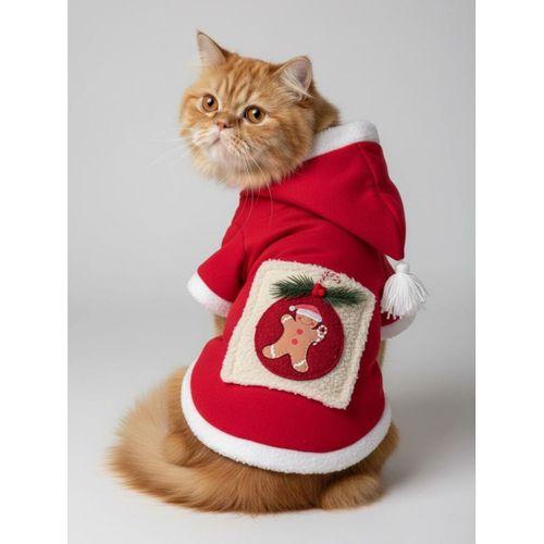 Kartopu Yılbaşı Kedi Kıyafeti Premium Kırmızı Polar | Kapüşonlu Noel Kedi Kostümü | Kurabiye Temalı