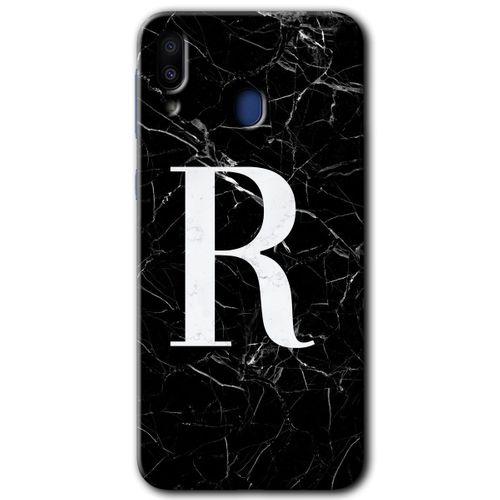 MRCİLETİSİM Samsung Galaxy M20 Kılıf HD Desen Baskılı Arka Kapak + Temperli Cam - Siyah Mermer Desenli R Harfi