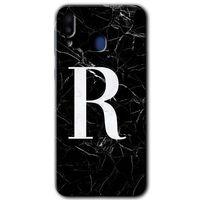MRCİLETİSİM Samsung Galaxy M20 Kılıf HD Desen Baskılı Arka Kapak + Temperli Cam - Siyah Mermer Desenli R Harfi