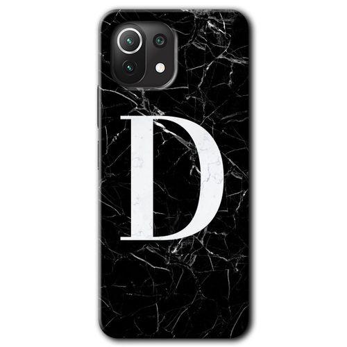 Xiaomi Mi 11 Lite Kılıf HD Desen Baskılı Arka Kapak + Temperli Cam - Siyah Mermer Desenli D Harfi