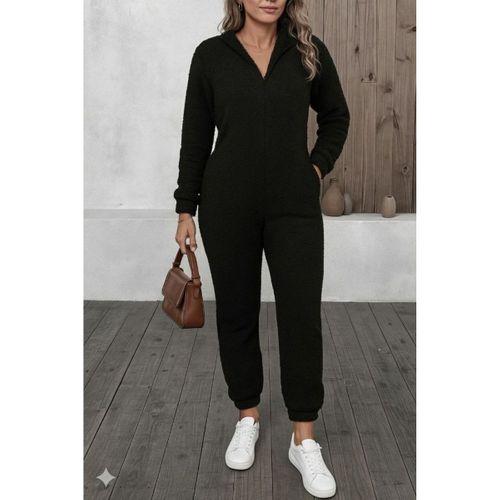 Kadın Uzun Kollu Kapüşonlu Tavşan Kulak Detaylı Peluş Tulum