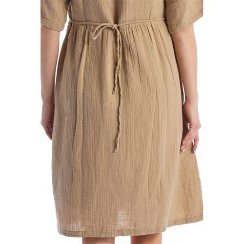 Kısa Kol Vizon V Yaka Nakışlı Midi Boy Müslin Yazlık Elbise