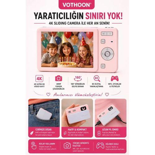 Dijital Kamera 4k Hd 48mp 16x Zoom Flaşlı Kayar Retro Video Kamera 2.8’’ Ekran 64gb Sd Kart Hediyeli Pembe