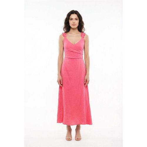 Lady Ayarlanabilir Omuz Askılı V Yaka Uzun Müslin Elbise Pembe Pmb