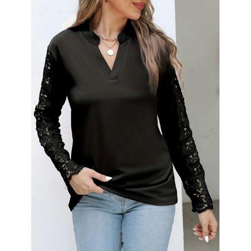 Kadın Uzun Kollu Hakim Yaka Kolları Dantel Detaylı Ithal Krep Bluz