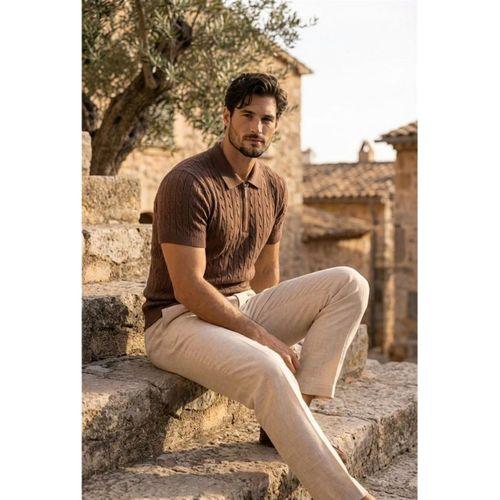Burke Saç Örgü Yarım Fermuarlı Kısa Kollu İnce Triko Erkek T-Shirt - Kahve