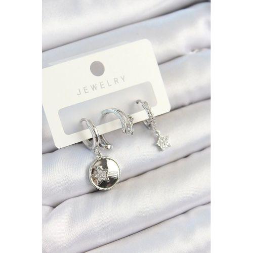 Pirinç Zirkon Taşlı Sallantılı Yıldız Model Gümüş Renk 3'lü Çift Kadın Küpe Set