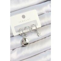 Pirinç Zirkon Taşlı Sallantılı Yıldız Model Gümüş Renk 3'lü Çift Kadın Küpe Set