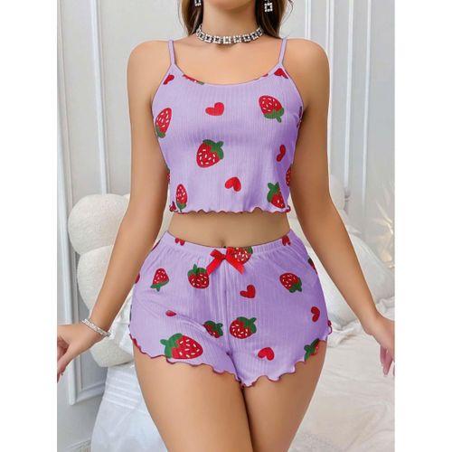 Kadın Mor Çilek Desenli Şortlu Pijama Takımı 5061