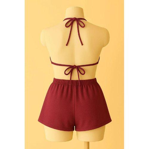 Bordo Şortlu Bağlamalı Bikini Takımı Üçgen Kesim Ayarlanabilir Esnek Kumaş Kadın Mayo Seti
